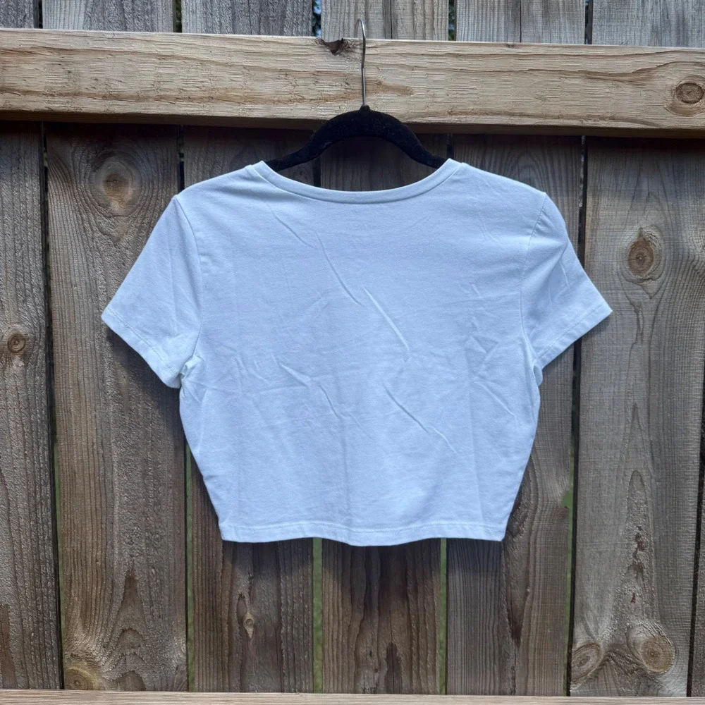 Wild Fable White Short Sleeve Cropped T-Shirt Crew Neck Basic Tee Large